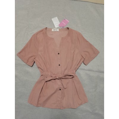 AETYLK Women's Casual Short Sleeve V Neck Dress Tie Front Button Up Mini Dresses