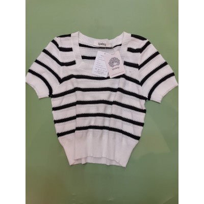 Ljudmp Womens Square Neck Short Sleeve Knitted Sweater Striped Blouses
