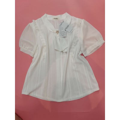 Dzwdwz White Blouses Chiffon Ruffle Short Sleeve Collared Business Casual Tops Summer Cute Shirt